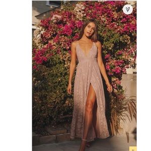 Lulu’s Stolen Moments Dusty Pink Lace-Up Lace Maxi Dress